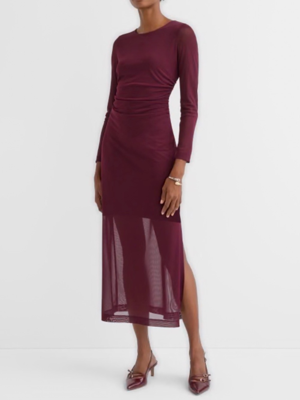 Long Sleeve Sheer-Hem Midi Dress in Burgundy LOFT